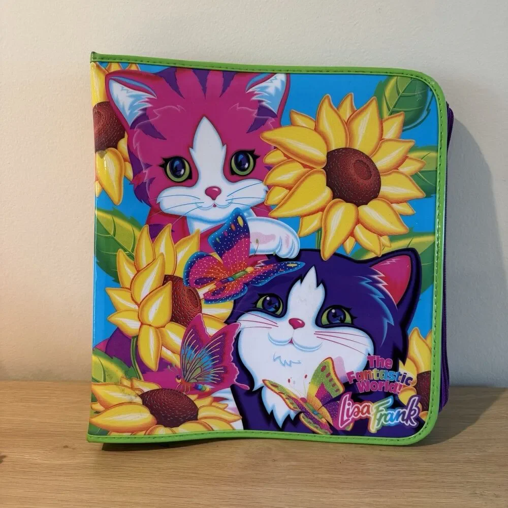 Vintage LISA FRANK 3-Ring Binder Zipper Cats Kitty Sunflower 90s Y2K Large